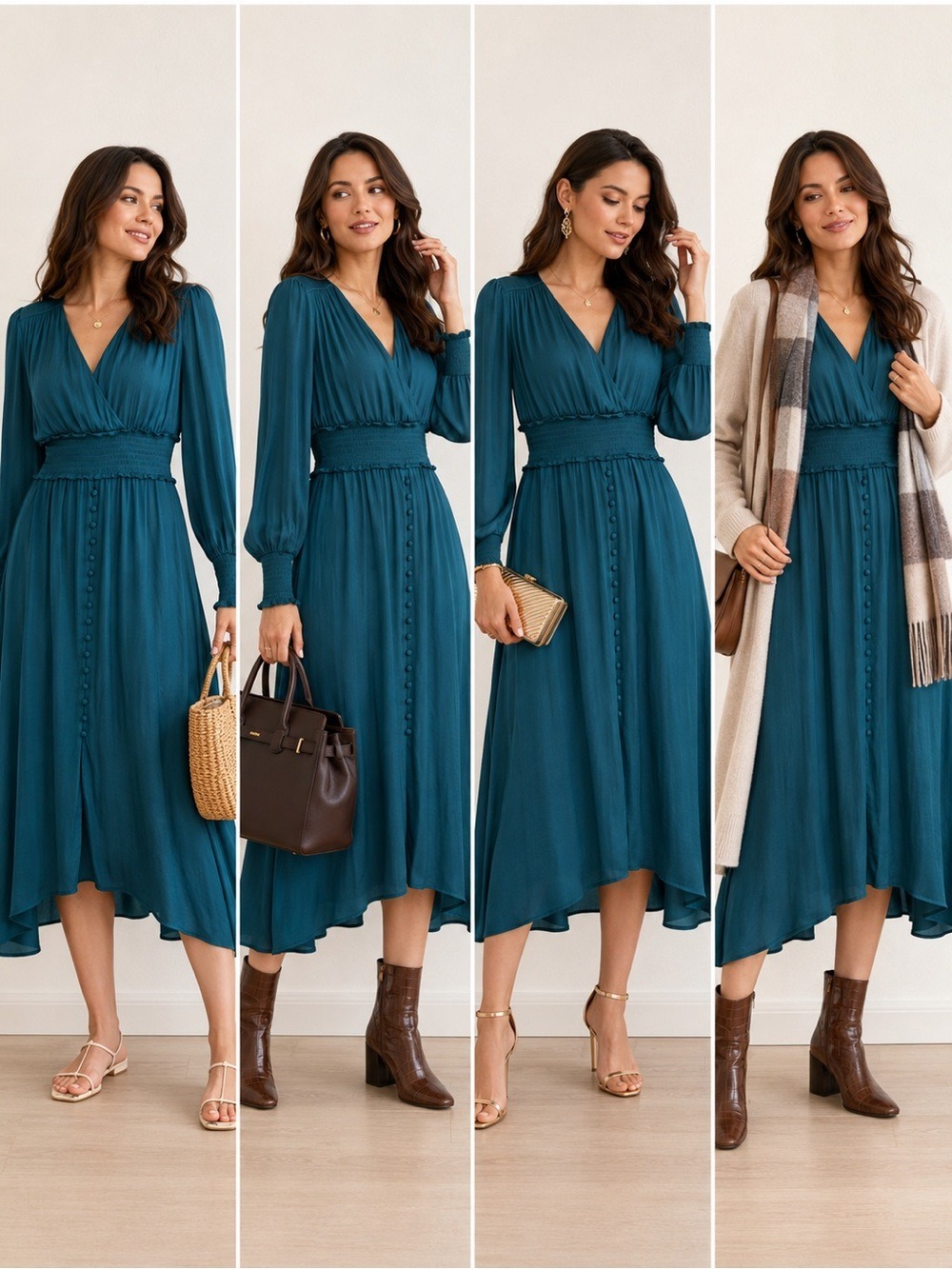 Forever New Teal Satin Midi Dress Size 12 Smocked Waist Long Sleeve Button Front